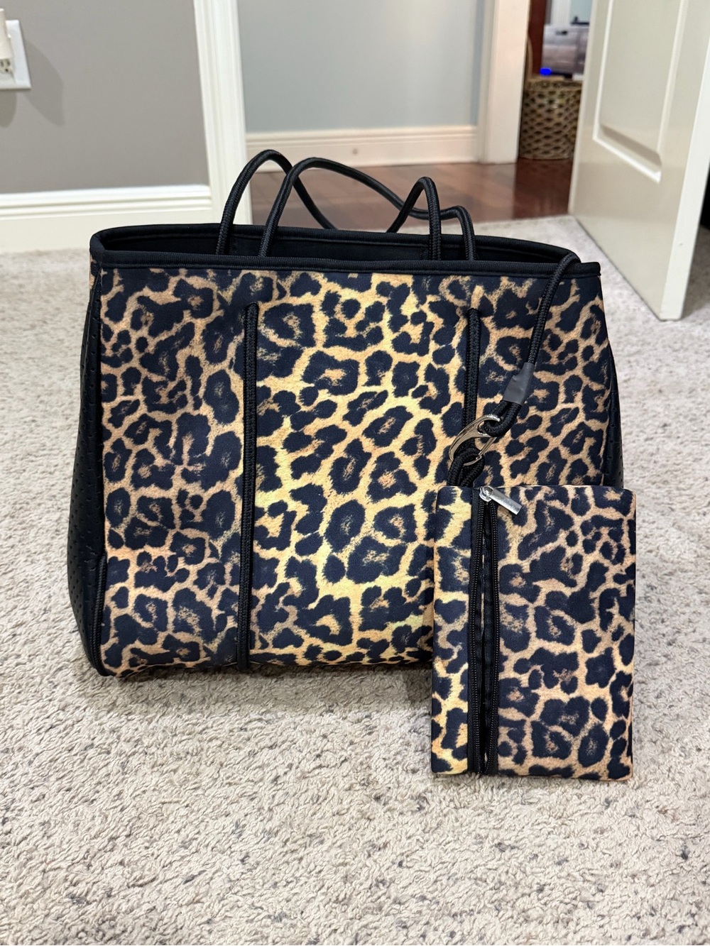 Neoprene Leopard Print Tote Bag with Matching Pouch